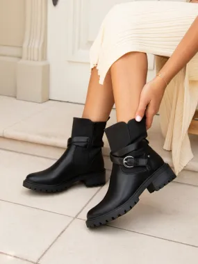 Linzi Black Trinity PU Biker Boots With Buckle Detail