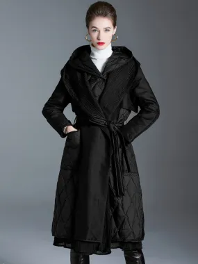 Long Black Down Coat with Hood and Belt for Women