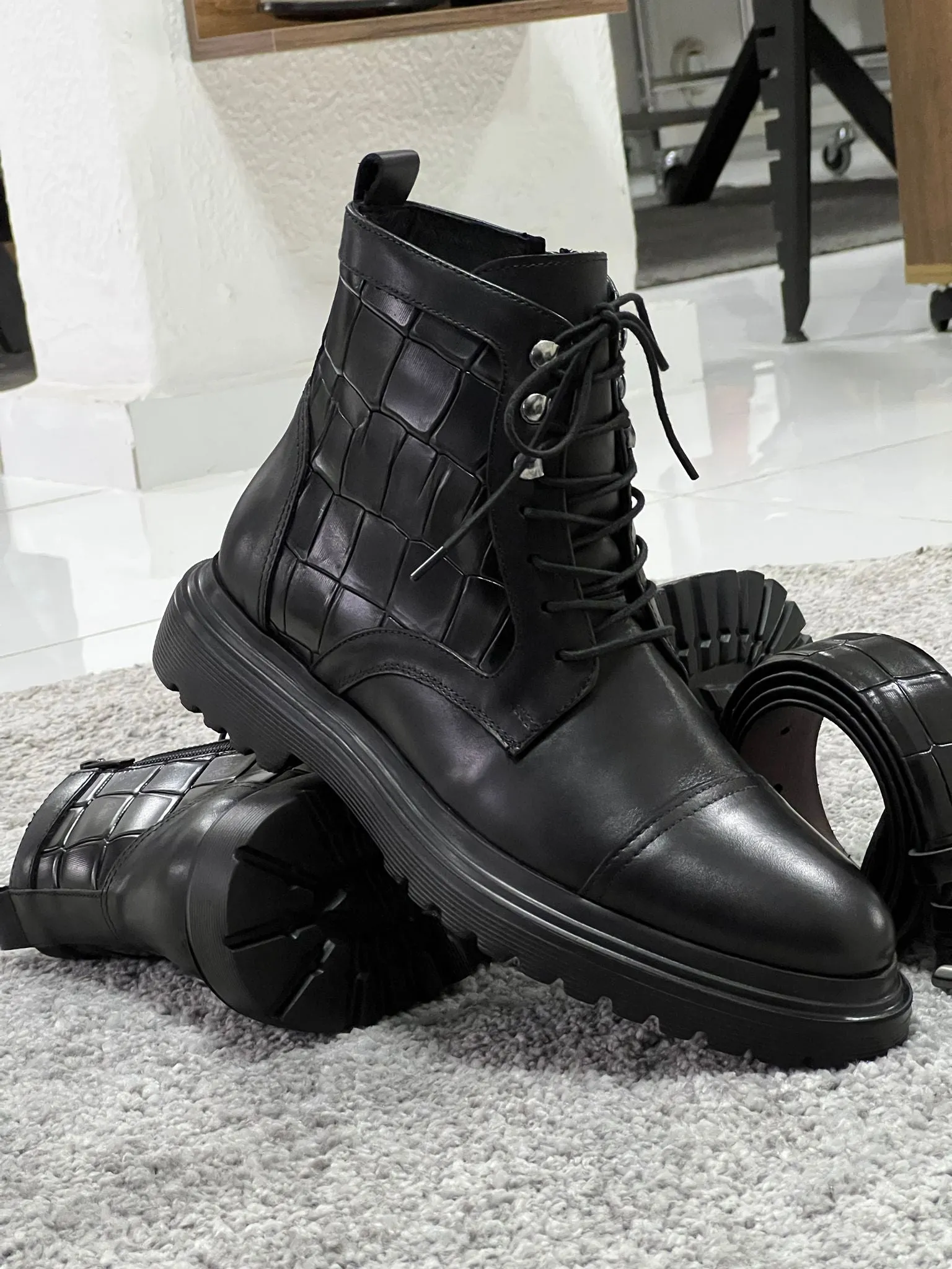 Louis Black Croc Leather Boots with Zipper - Special Edition