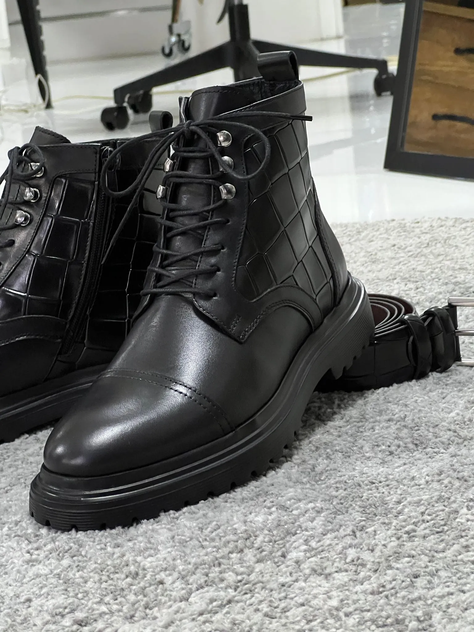 Louis Black Croc Leather Boots with Zipper - Special Edition