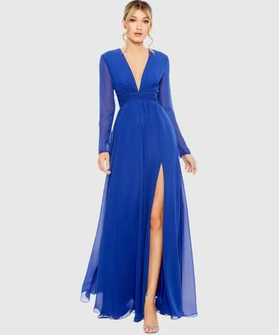 Mac Duggal V-Neck Front Twist Long Sleeve Maxi Gown In Sapphire