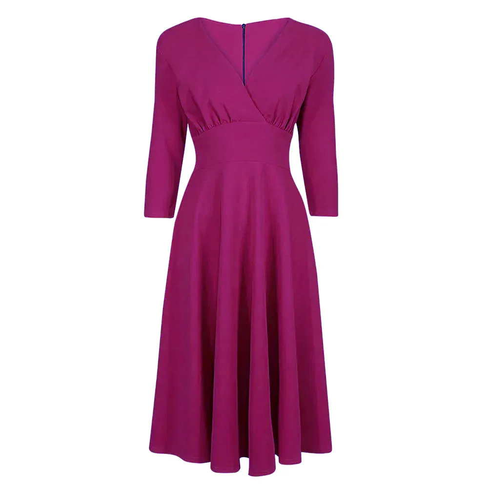 Magenta Crossover Top 3/4 Sleeve 50s Tea Swing Dress