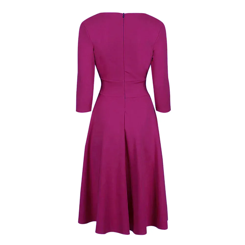 Magenta Crossover Top 3/4 Sleeve 50s Tea Swing Dress