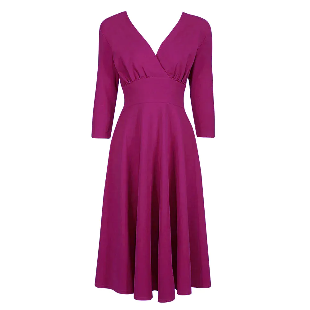 Magenta Crossover Top 3/4 Sleeve 50s Tea Swing Dress