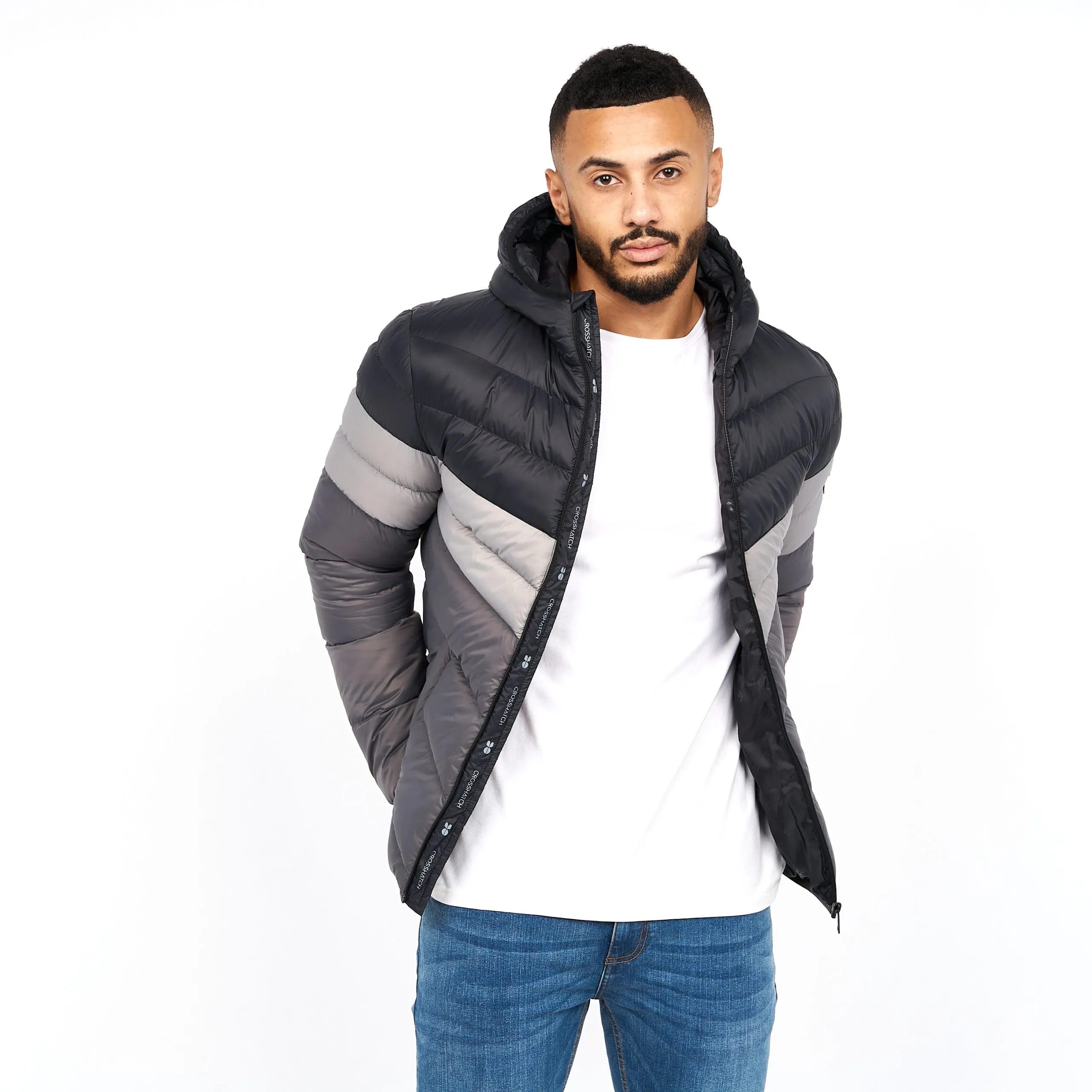 Men's Padded Mid Length Bubble Crosshatch Coat Hooded Jacket