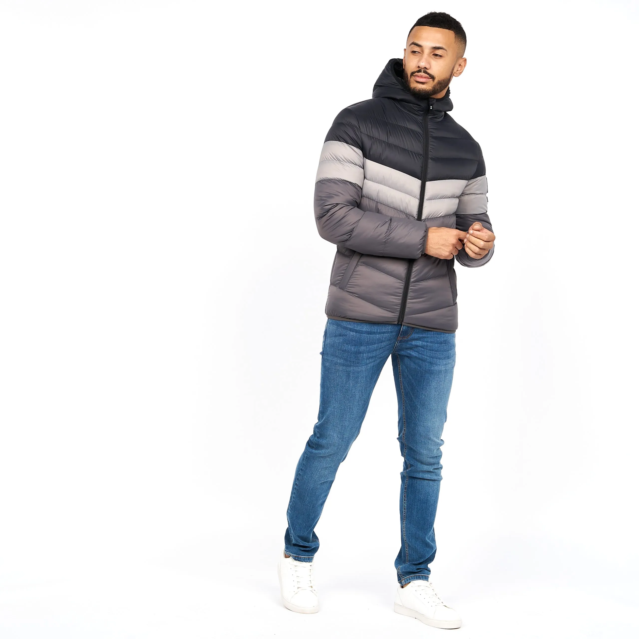 Men's Padded Mid Length Bubble Crosshatch Coat Hooded Jacket