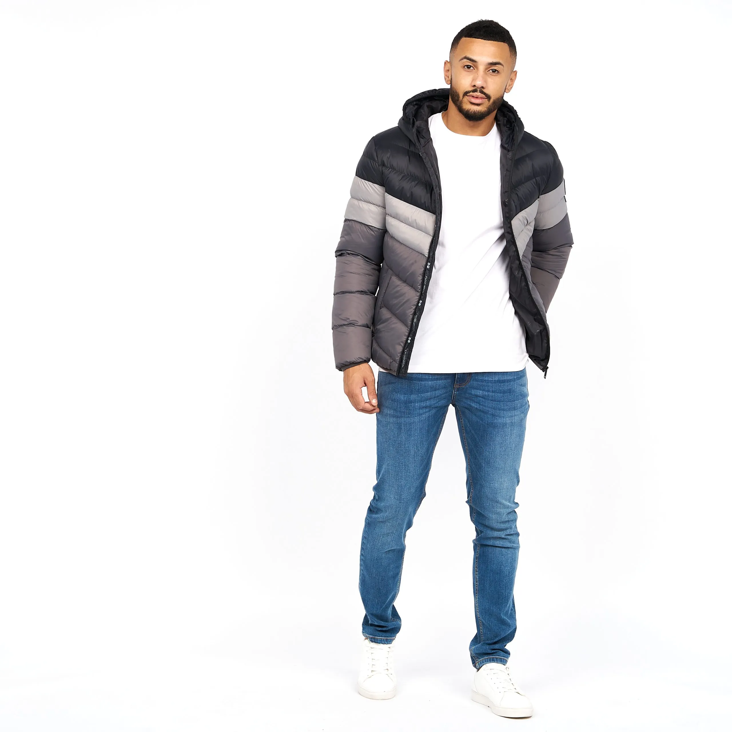 Men's Padded Mid Length Bubble Crosshatch Coat Hooded Jacket