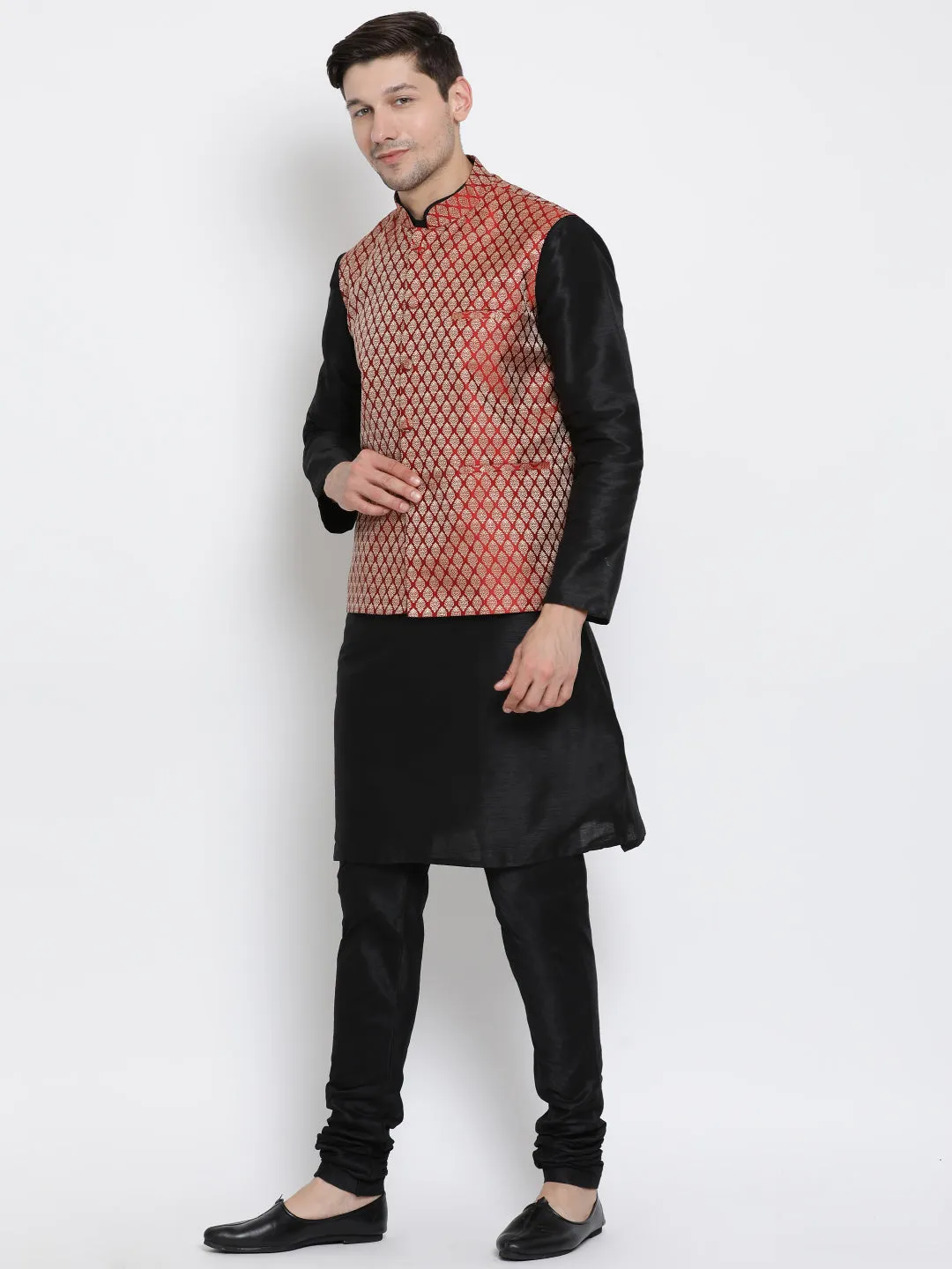 Men's Maroon Silk Blend Jacket & Kurta Pyjama Set by Vastramay VM.