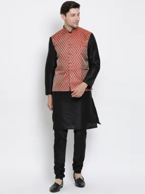 Men's Maroon Silk Blend Jacket & Kurta Pyjama Set by Vastramay VM.