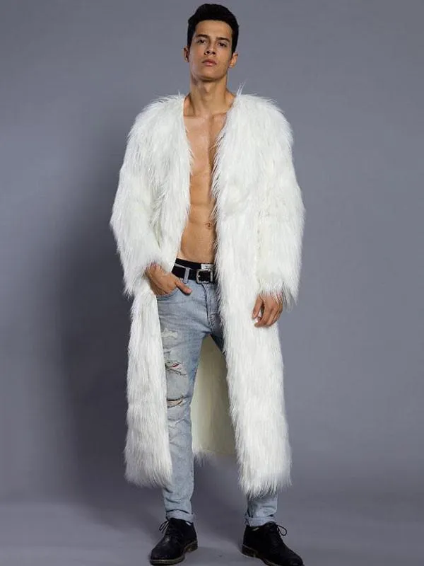 Men's White Faux Fur V-Neck Long Sleeve Winter Overcoat