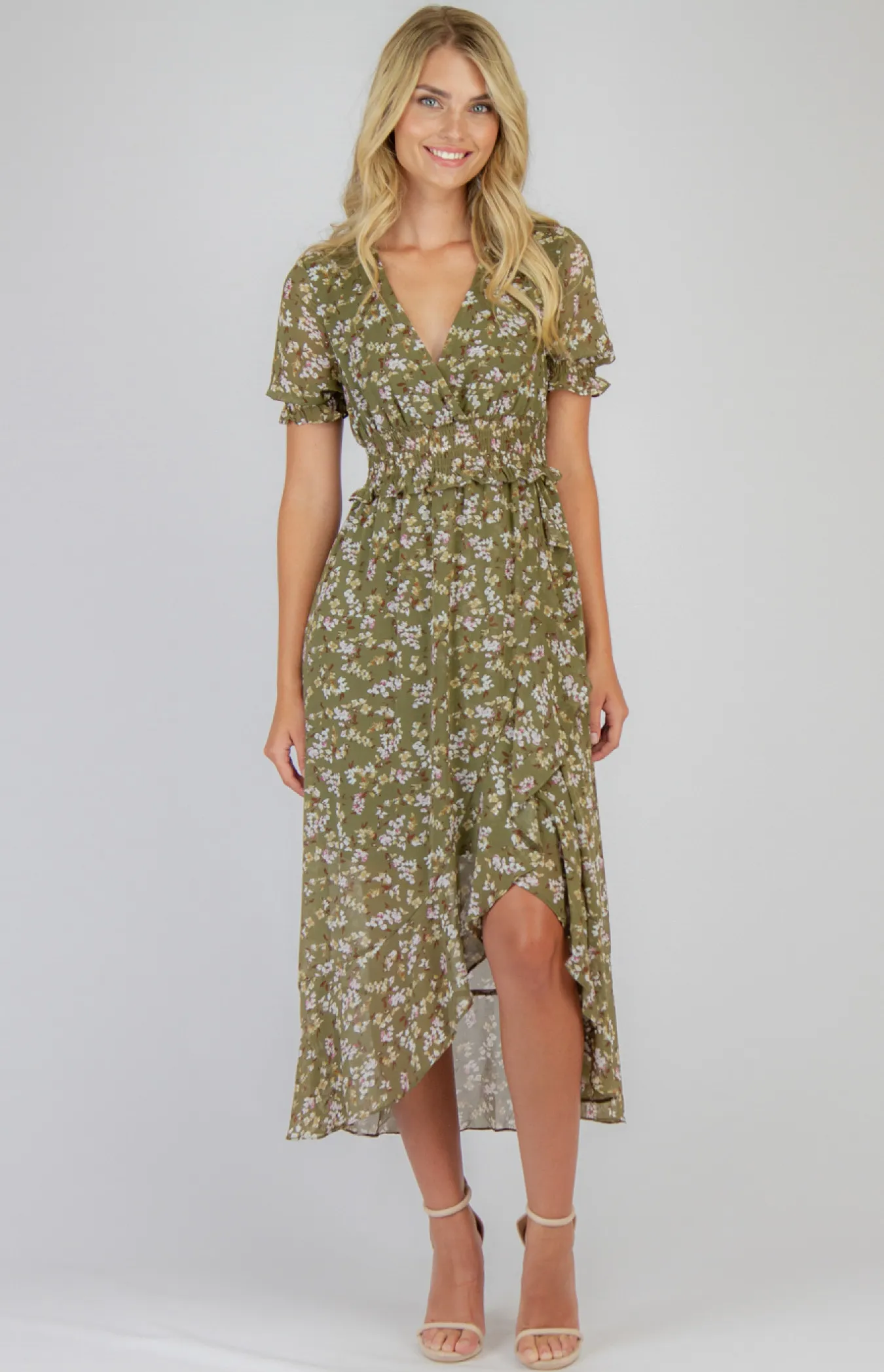 Midi Dress with Shirred Waist and Waterfall Hem