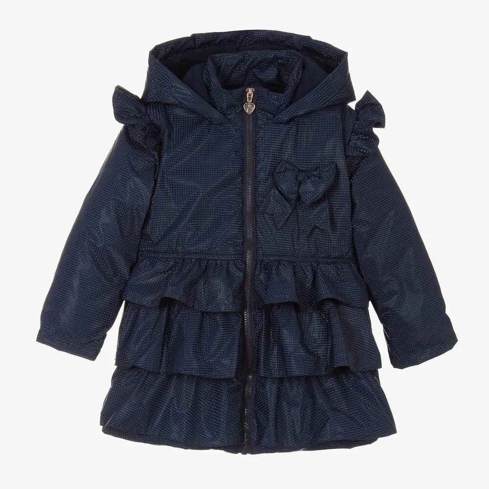 Navy Blue Girls Hooded Ruffle Coat