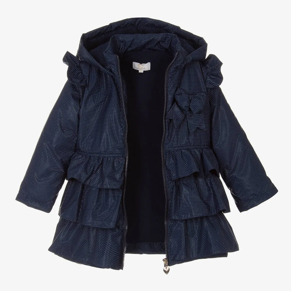 Navy Blue Girls Hooded Ruffle Coat