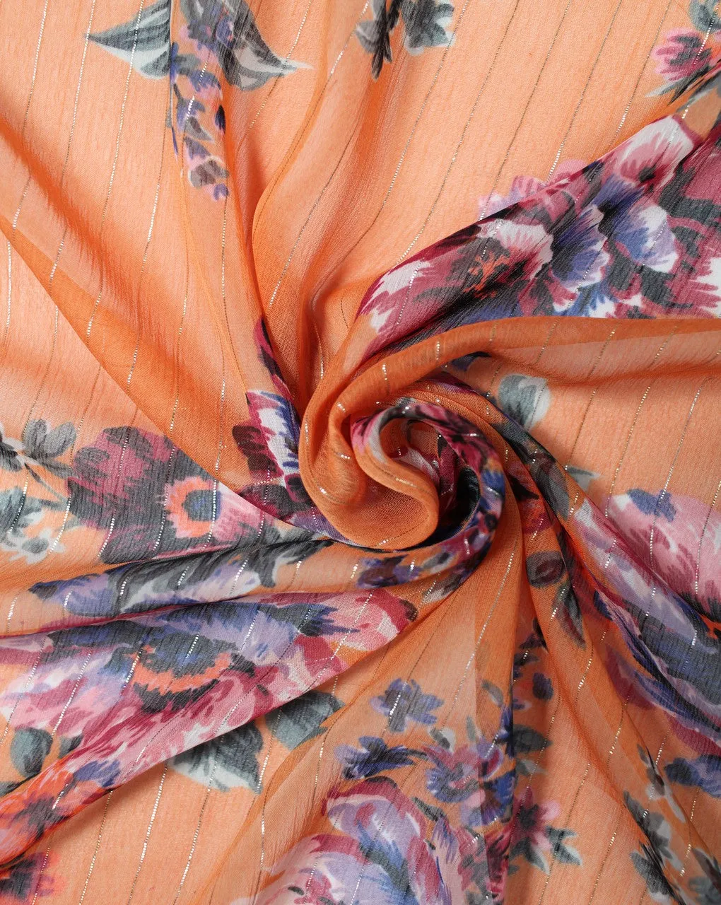 Orange Multicolor Floral Polyester Chiffon Fabric