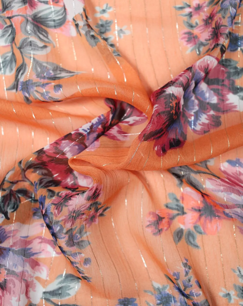 Orange Multicolor Floral Polyester Chiffon Fabric