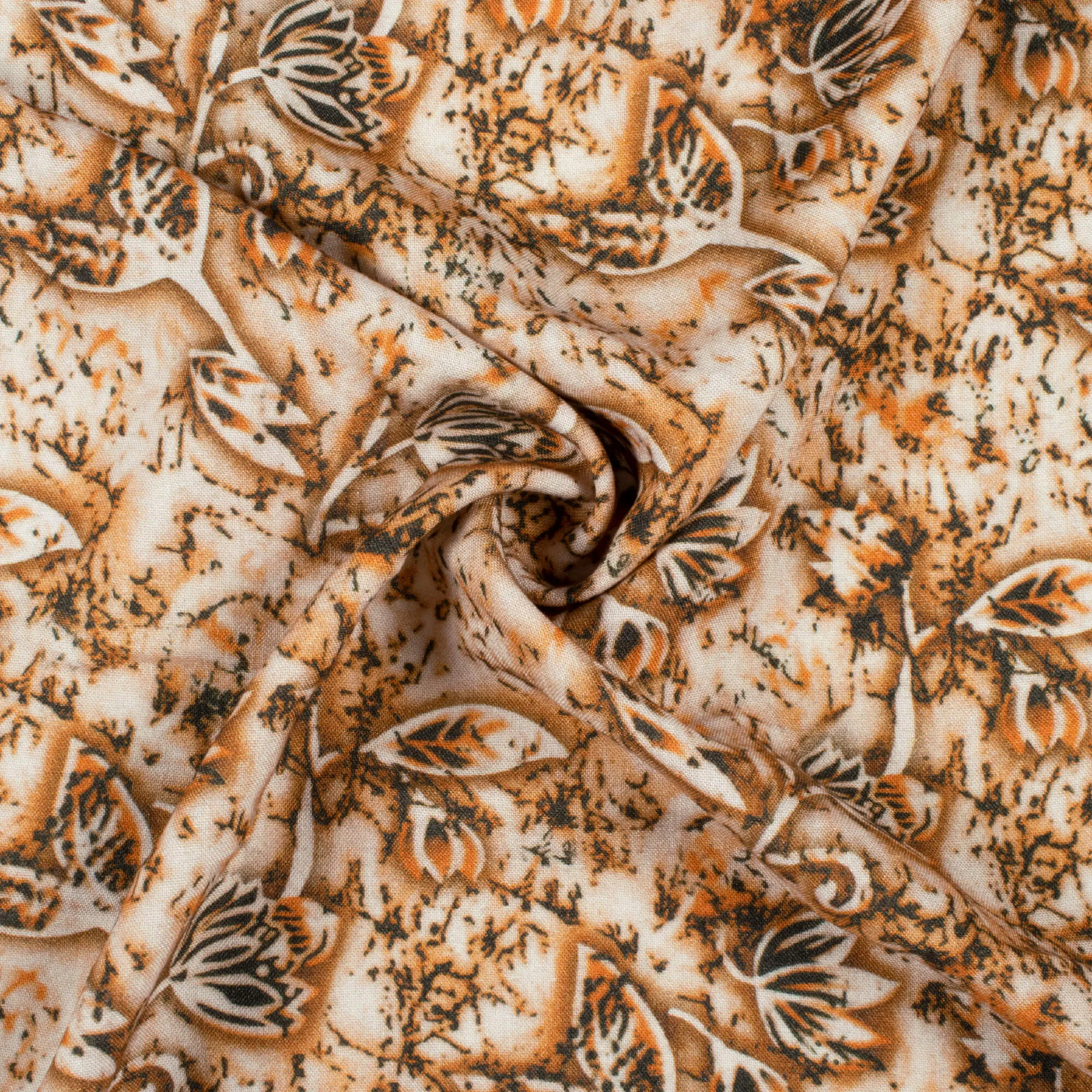 Peanut Brown Dark Green Floral Pattern Viscose Rayon Fabric 58 Inches Wide Digital Print