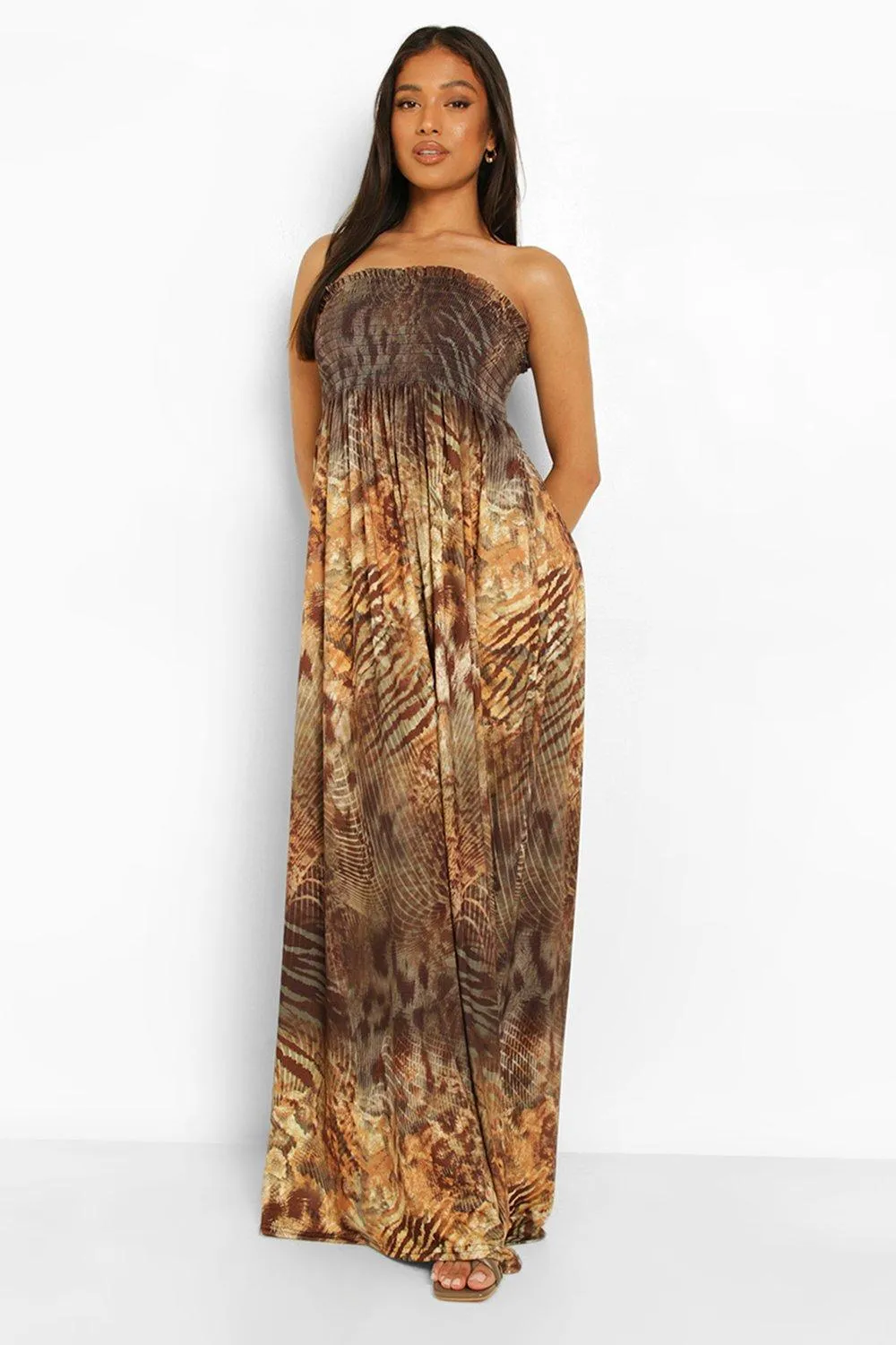 Petite Shirred Ombre Animal Print Maxi Dress