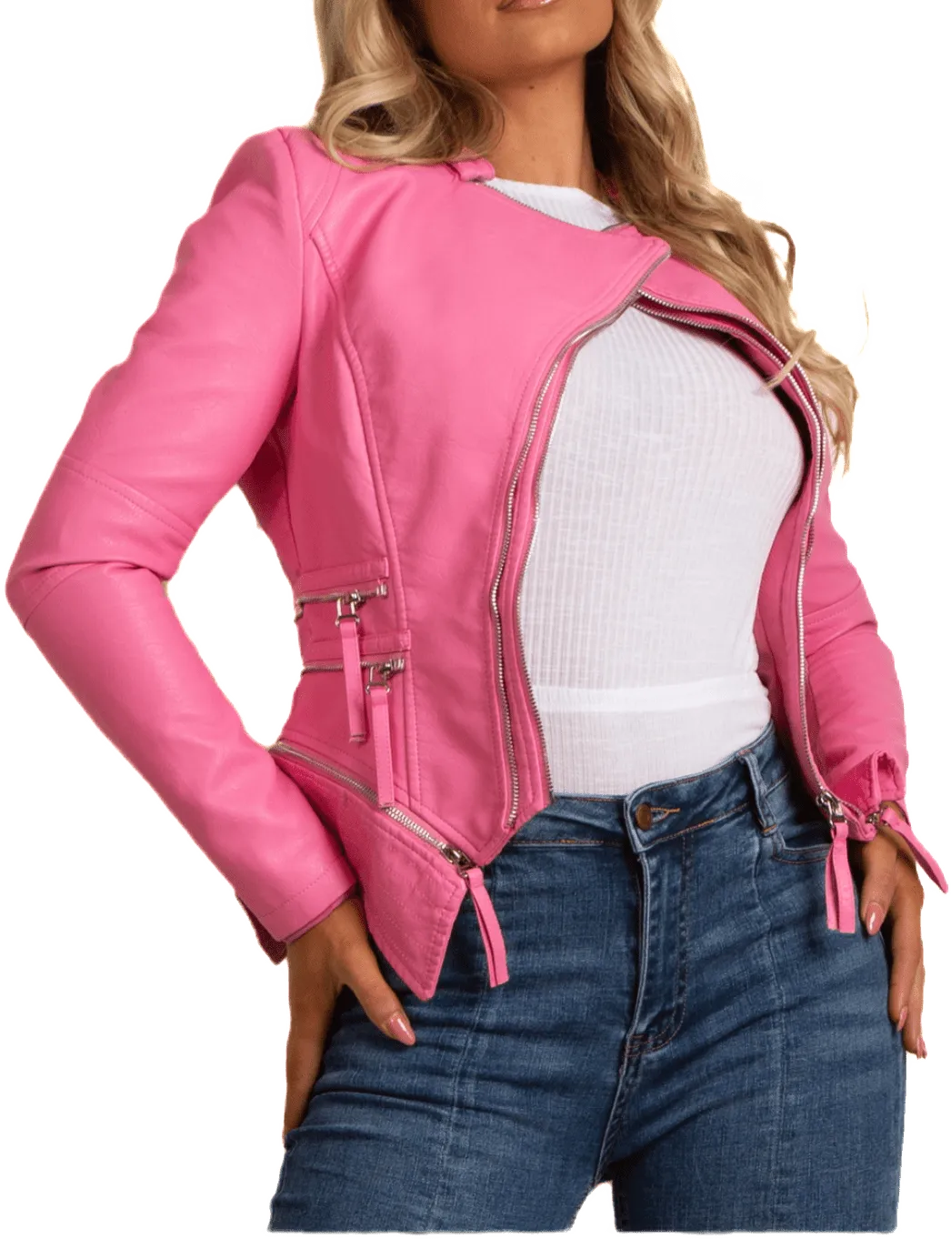 Pink PU Biker Jacket with Double Zip