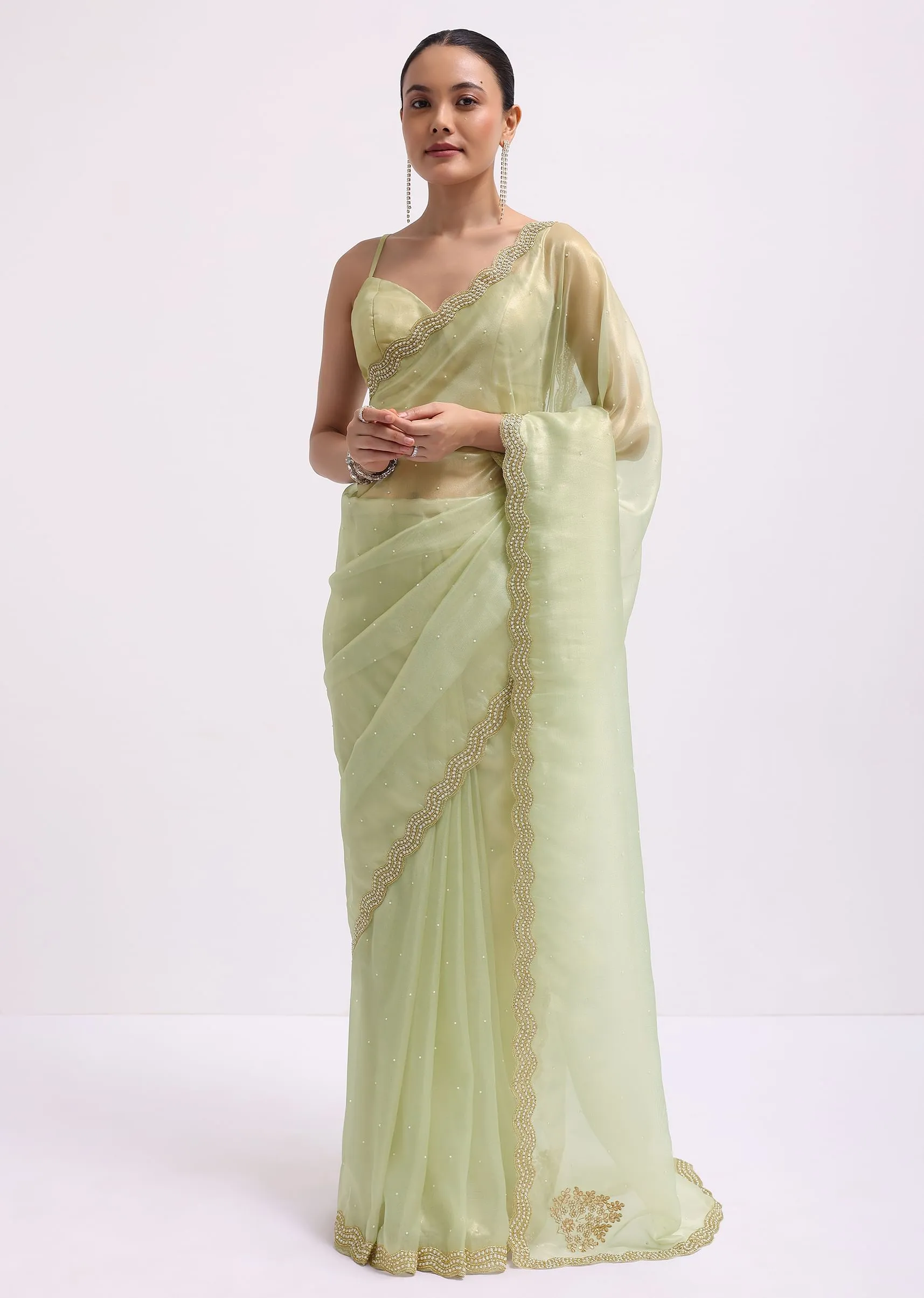Pista Green Cutdana Embroidered Tissue Saree With Unstitched Blouse