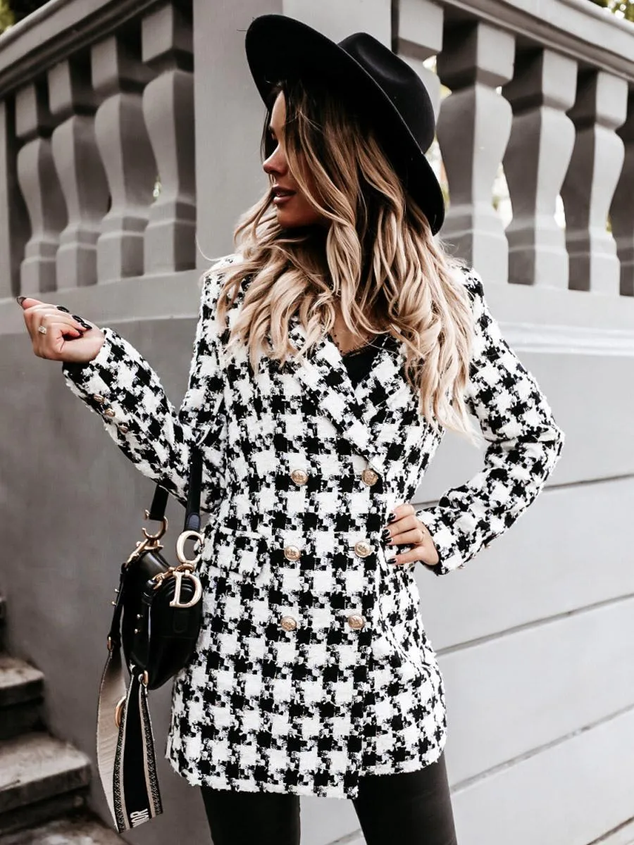 Plaid Coat Padded Shoulders Lapel Double Breasted Fall Winter Jacket