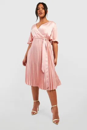 Plus Pleated Satin Angel Sleeve Skater Dress
