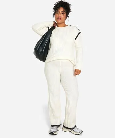 Plus Premium Heavyweight Contrast Trim Sweater And Trouser Knitted Set