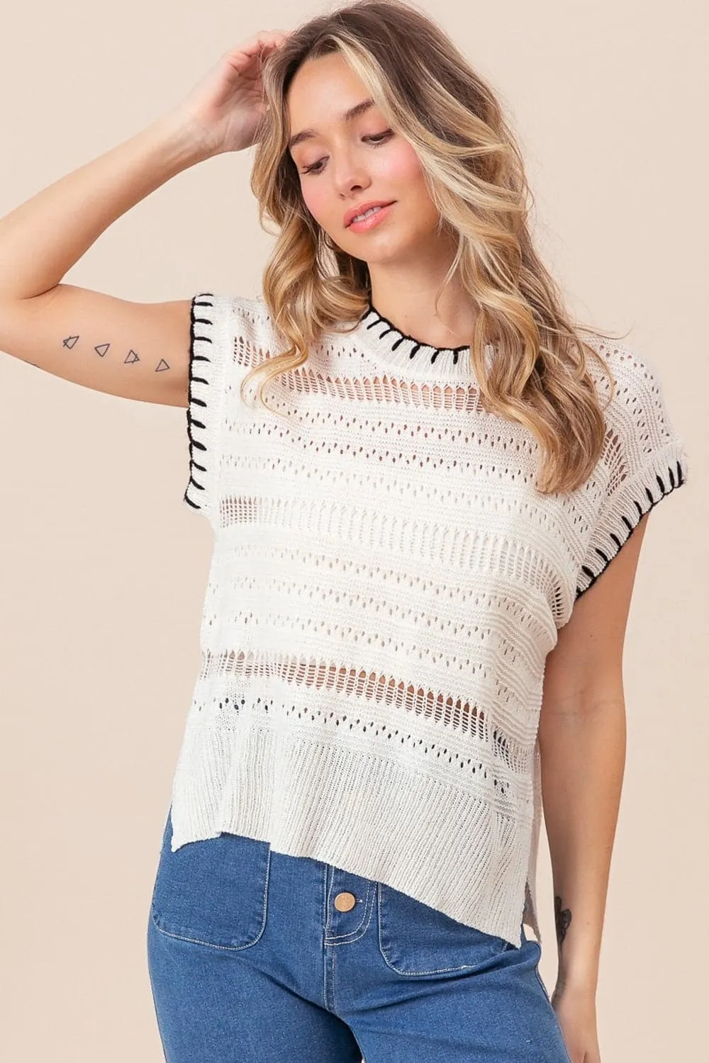 Pointelle Side Slit Sweater Vest with BiBi Stitch Edge