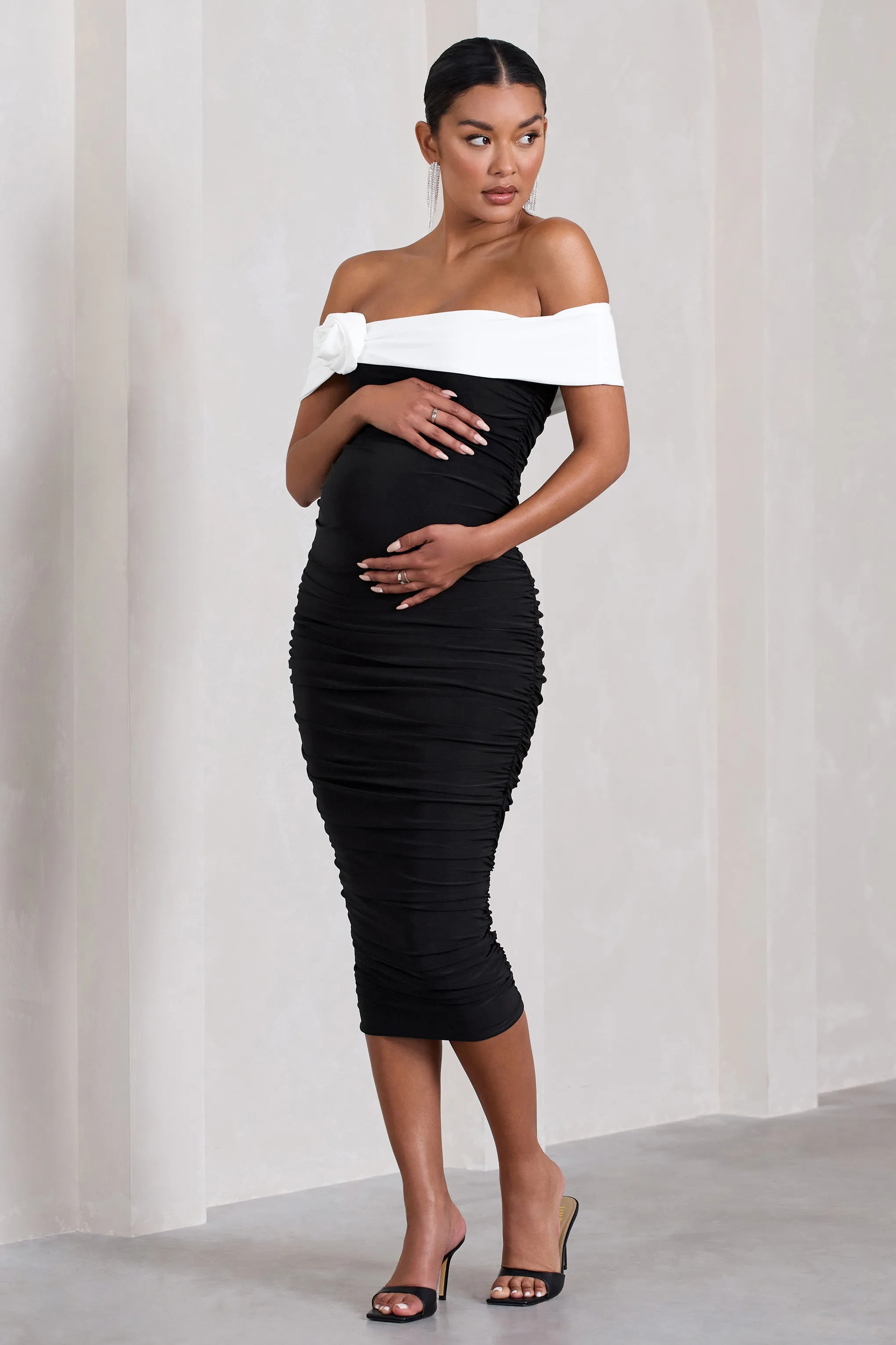 Prairie Black White Bardot Maternity Midi Dress Flower