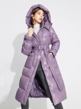 Purple Long Puffer Coat with Hood and Belt for Women