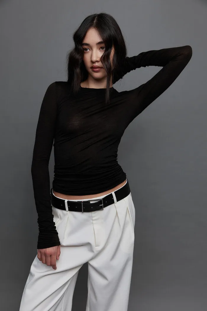 Ruched Black Long Sleeve Tee by REBE.