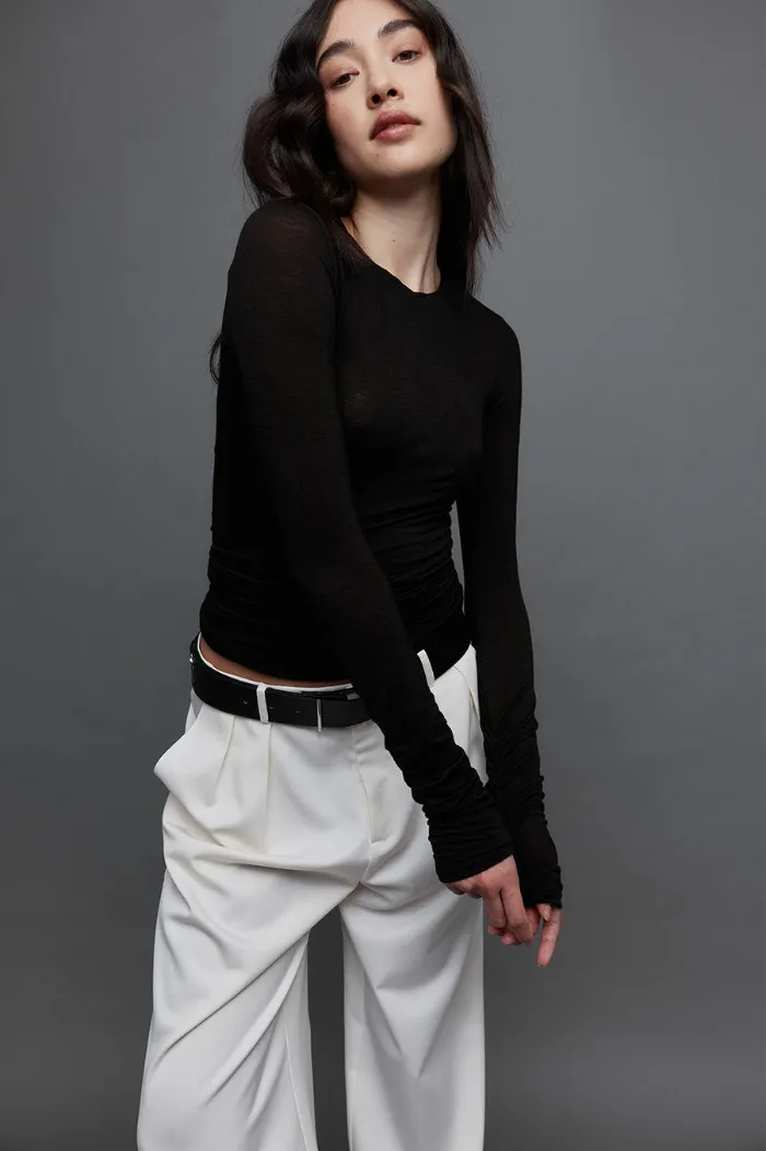 Ruched Black Long Sleeve Tee by REBE.