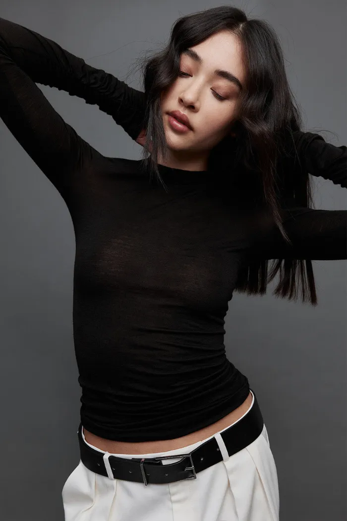 Ruched Black Long Sleeve Tee by REBE.