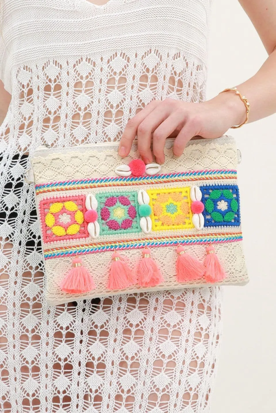 Boho Clutch Bag with Shell and Tassel in Multicolour