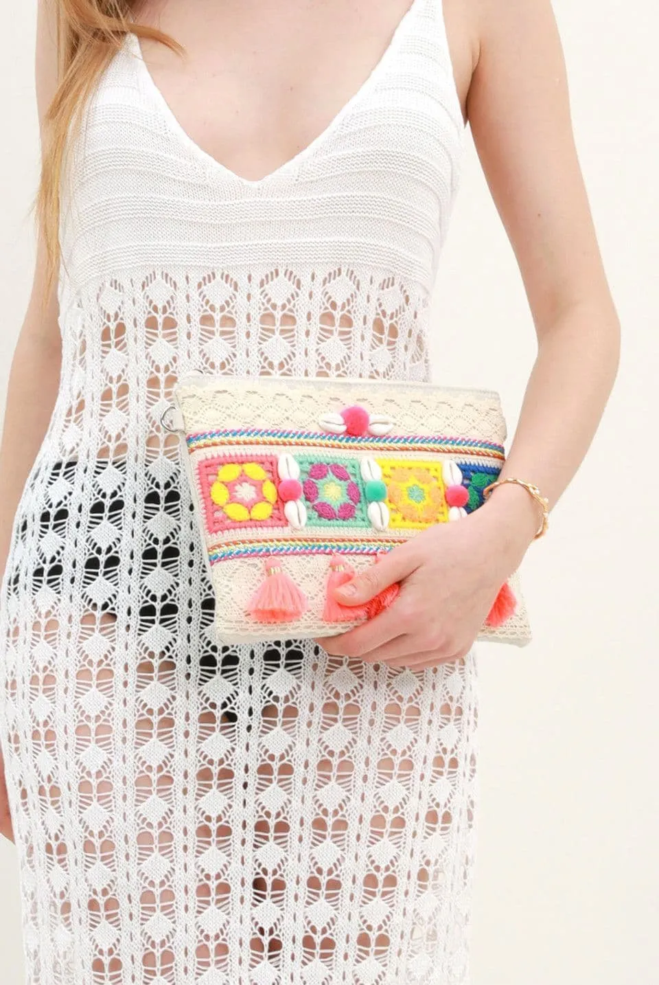 Boho Clutch Bag with Shell and Tassel in Multicolour