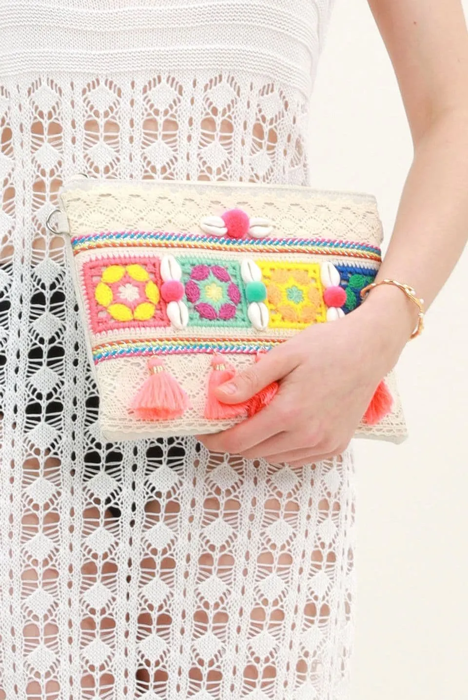 Boho Clutch Bag with Shell and Tassel in Multicolour