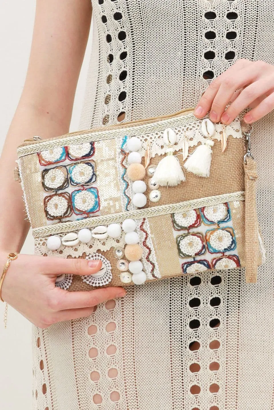 Boho Clutch Bag with Shell Detail in Nude