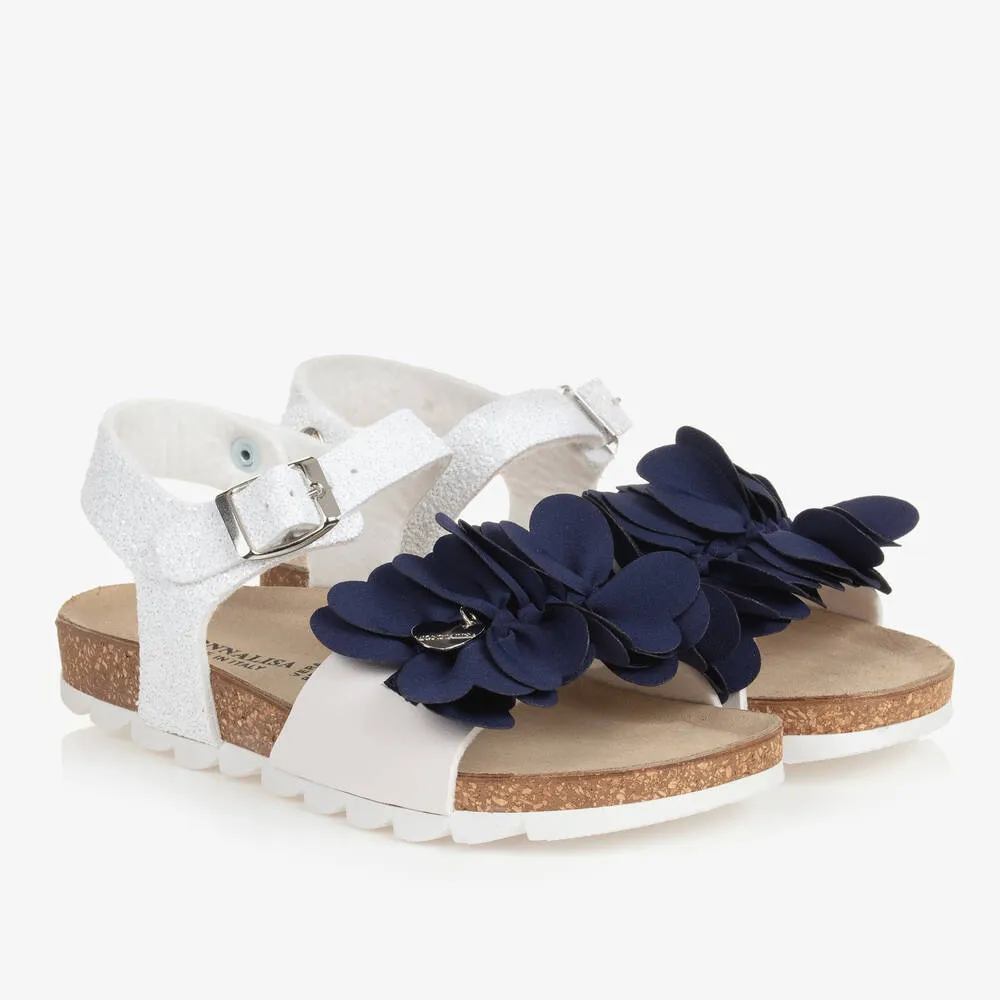 Teen Girls White and Blue Flower Sandals