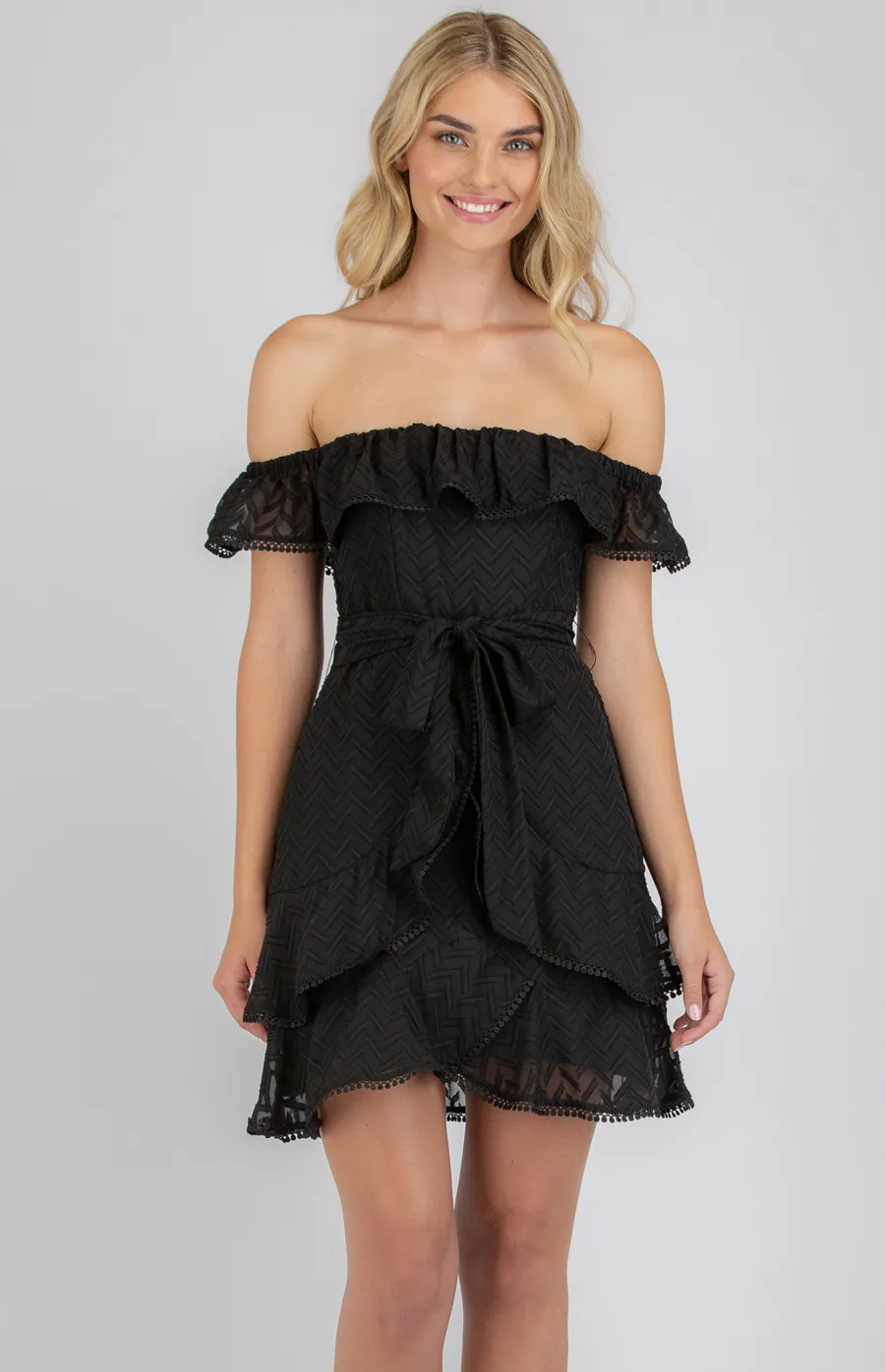 Strapless Textured Dress with Frill Hem