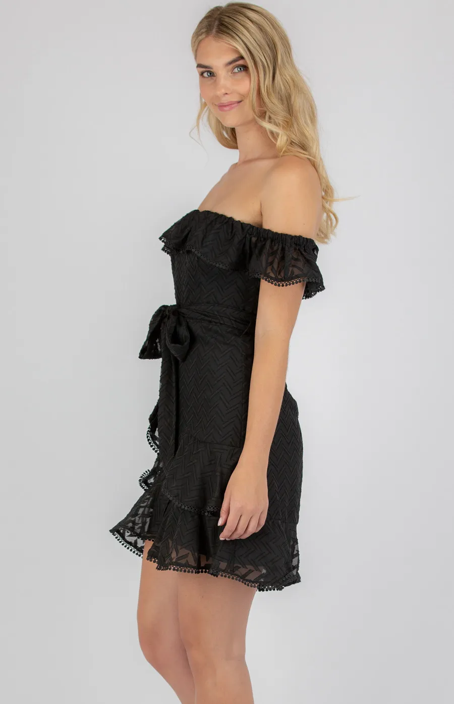 Strapless Textured Dress with Frill Hem