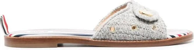 Thom Browne Embossed-Button Tweed Flat Sandals in Grey