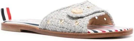 Thom Browne Embossed-Button Tweed Flat Sandals in Grey