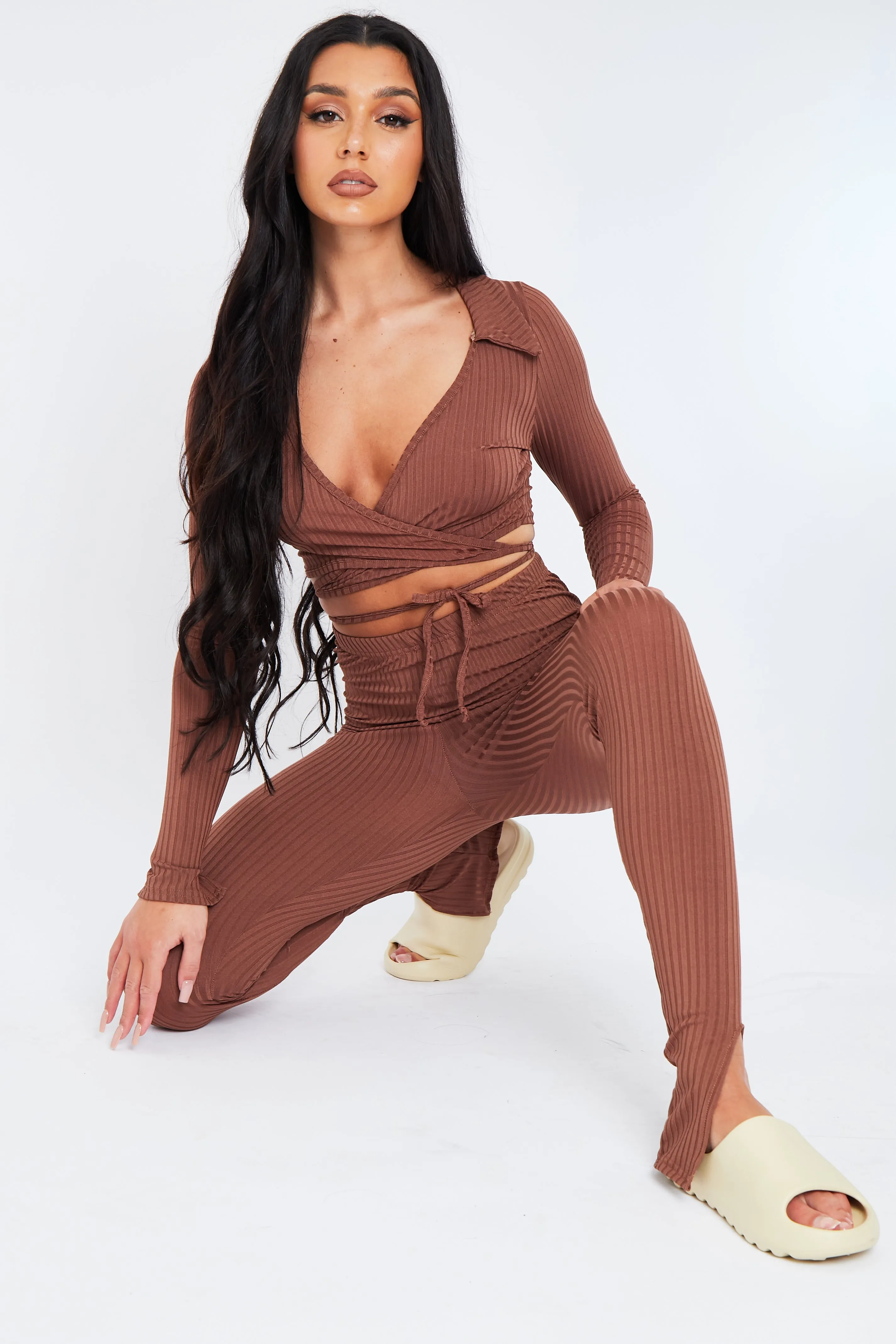 Trista Chocolate Rib Wrap Crop Top Legging Set