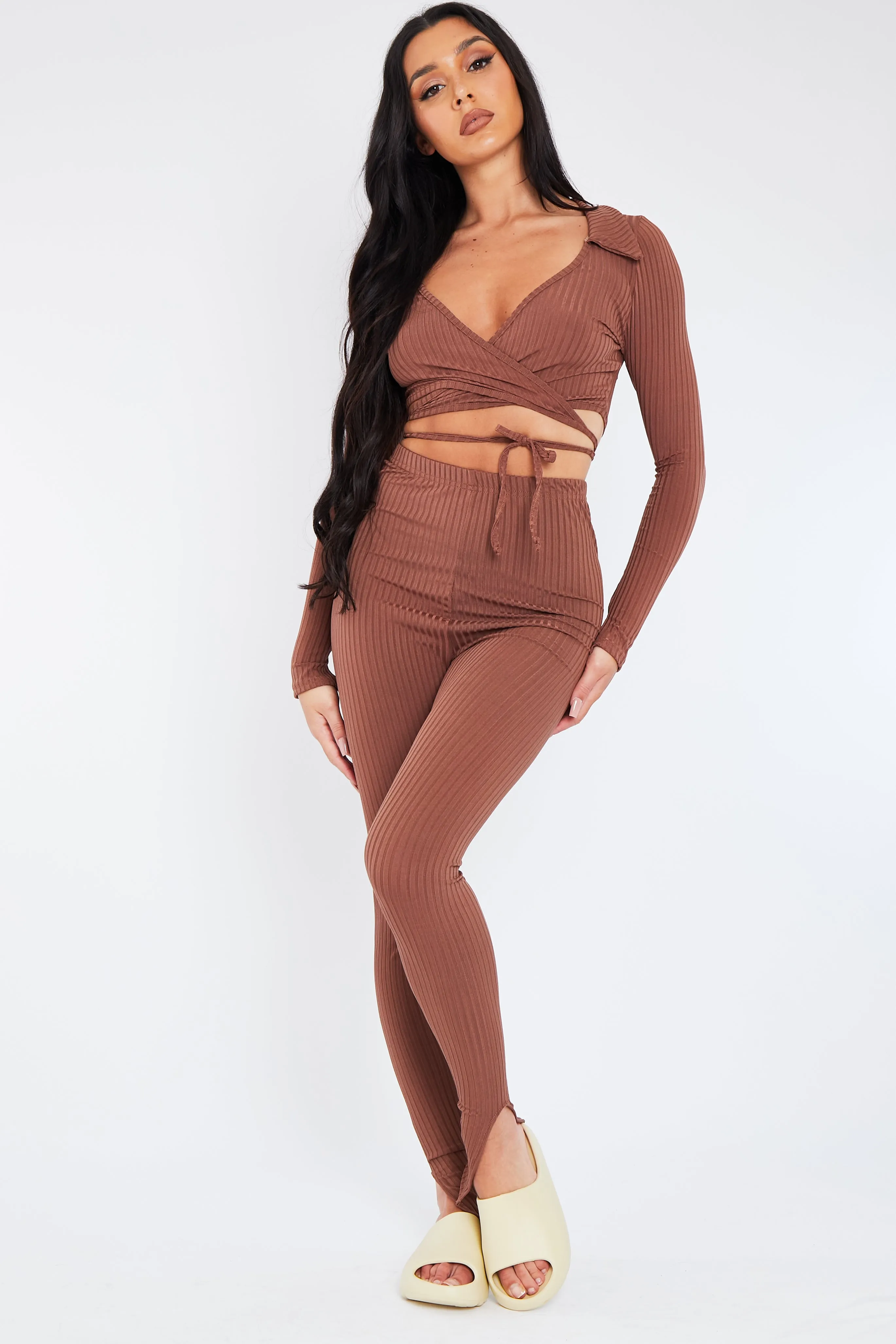 Trista Chocolate Rib Wrap Crop Top Legging Set