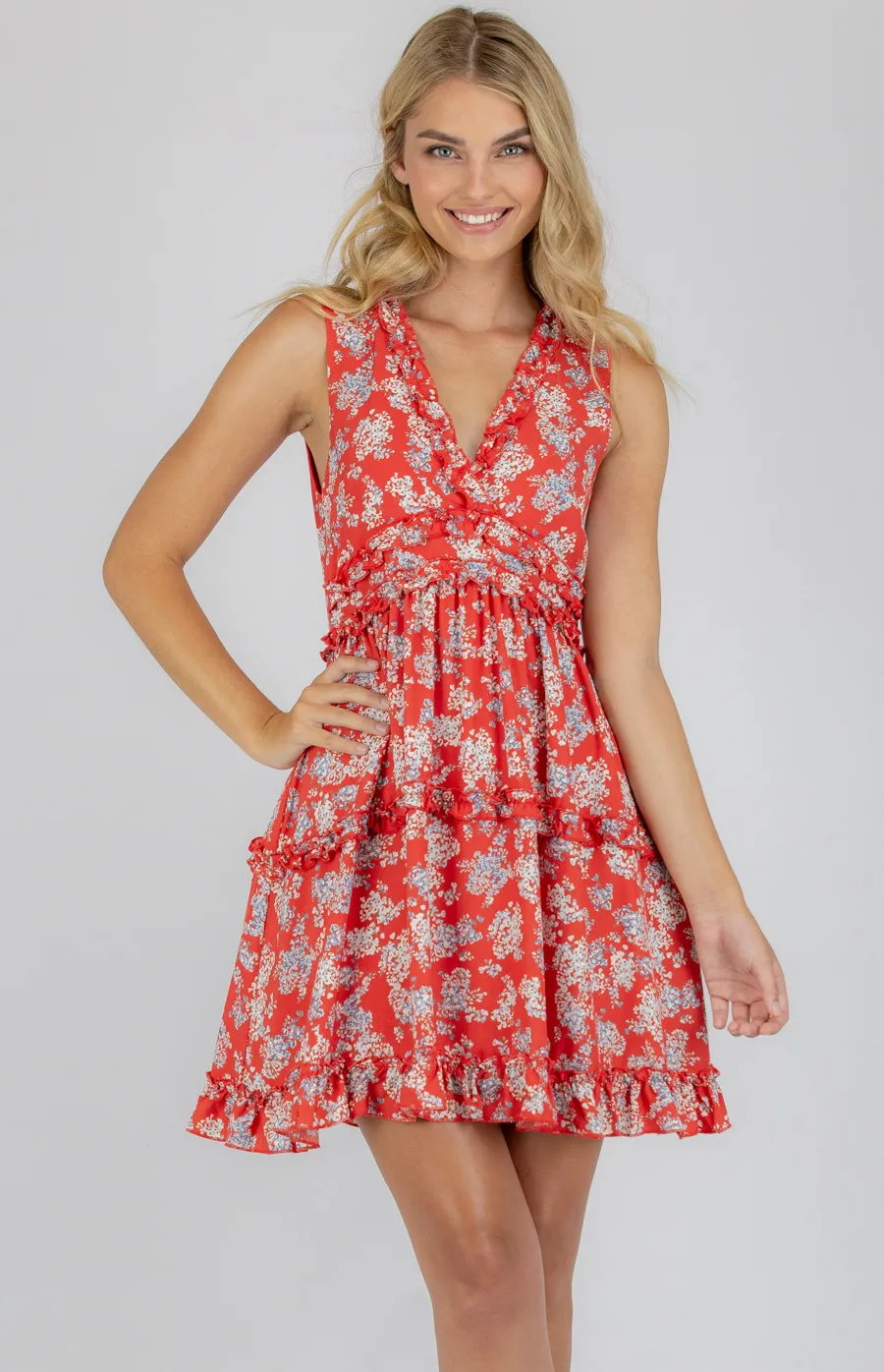 Dress with V-Neckline and Ruffle Trim Detail