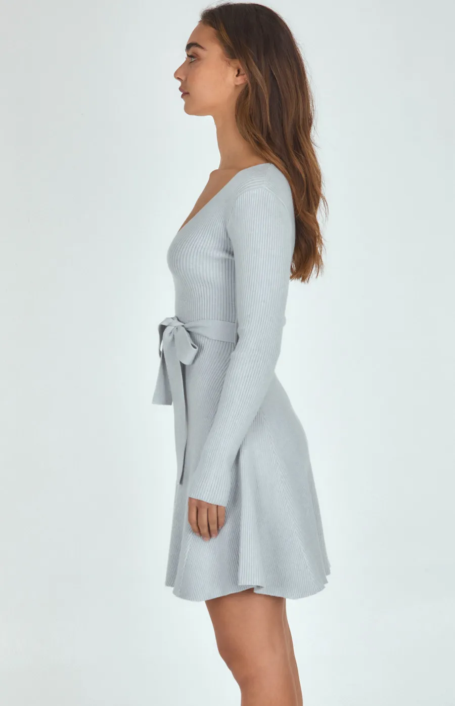 Knit Dress with V Neckline and Belt Detail