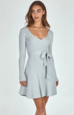 Knit Dress with V Neckline and Belt Detail