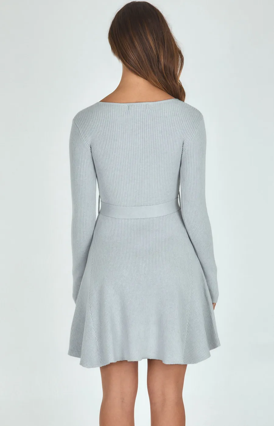 Knit Dress with V Neckline and Belt Detail