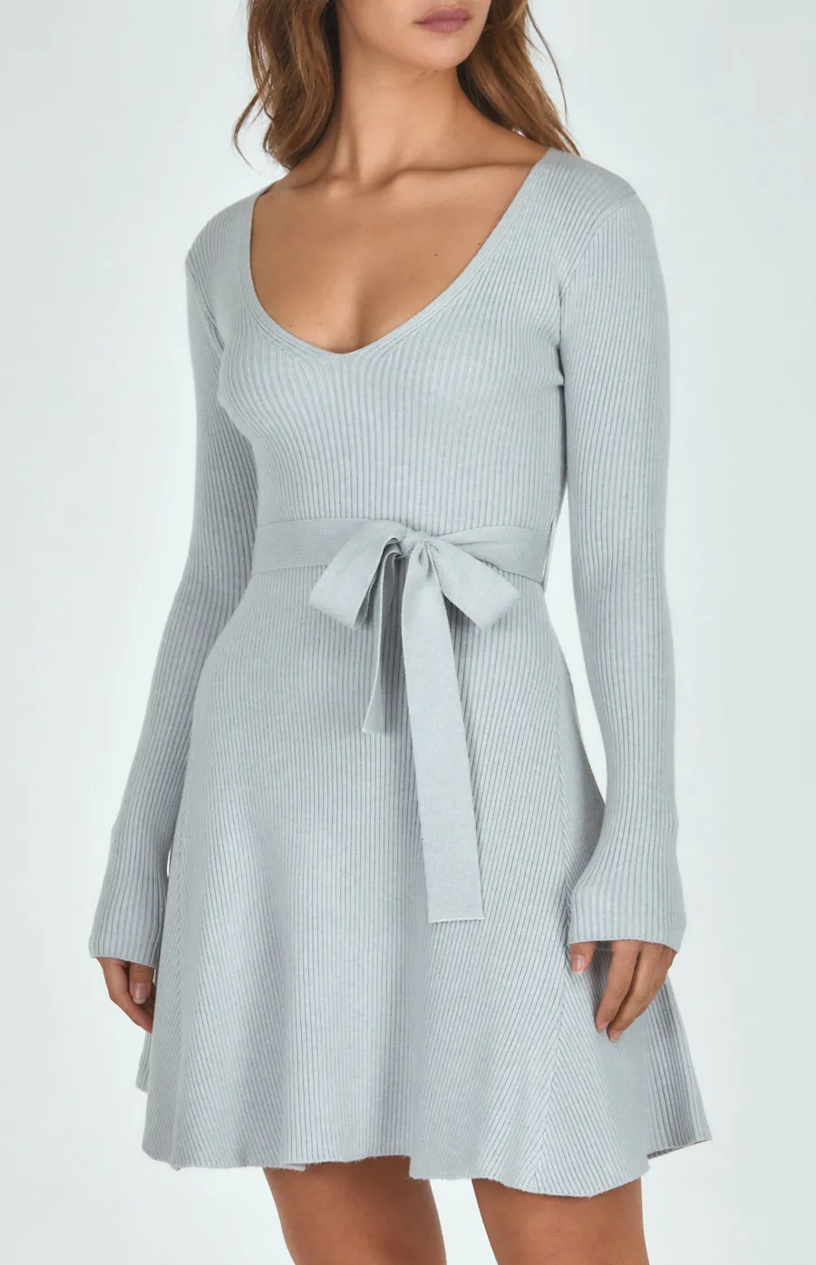 Knit Dress with V Neckline and Belt Detail