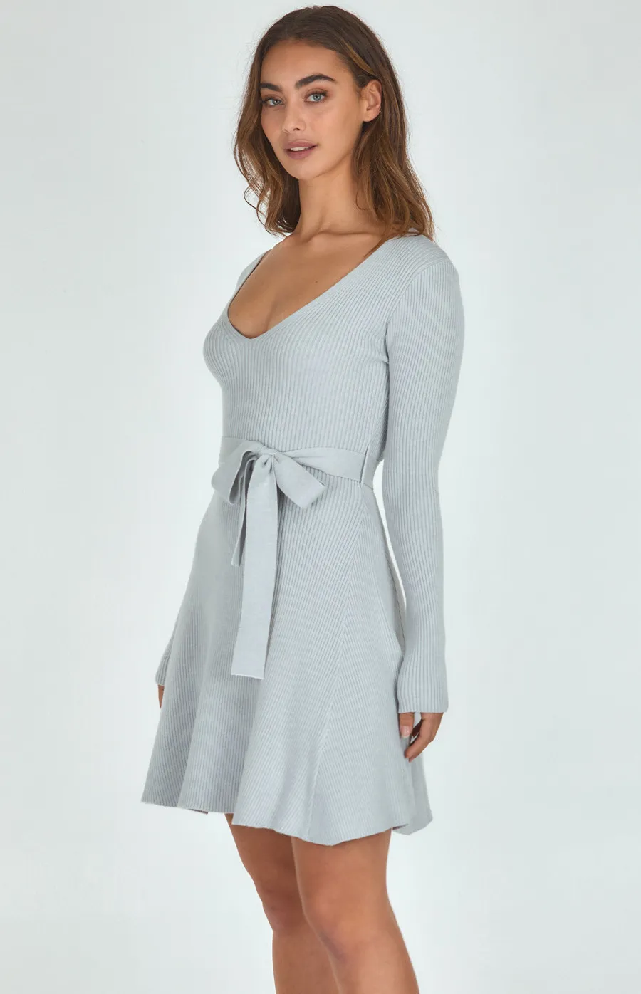 Knit Dress with V Neckline and Belt Detail