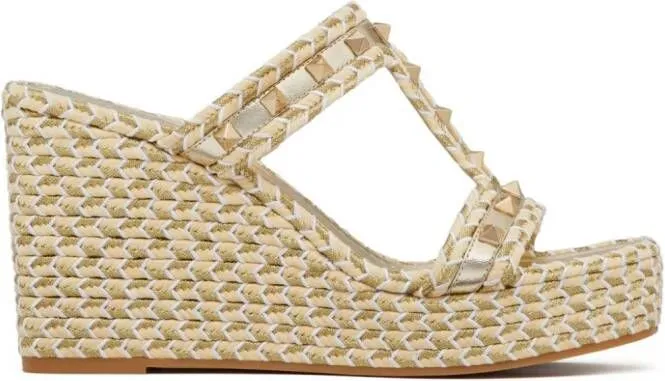 Valentino Garavani Rockstud 90mm Hand-Woven Wedge Sandals in Neutrals